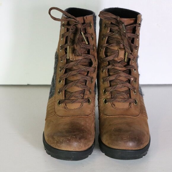 Sorel Lexie Wedge Felt Leather Ankle Boot 8 Brown Gray Lace Up Waterproof Winter - Picture 3 of 10